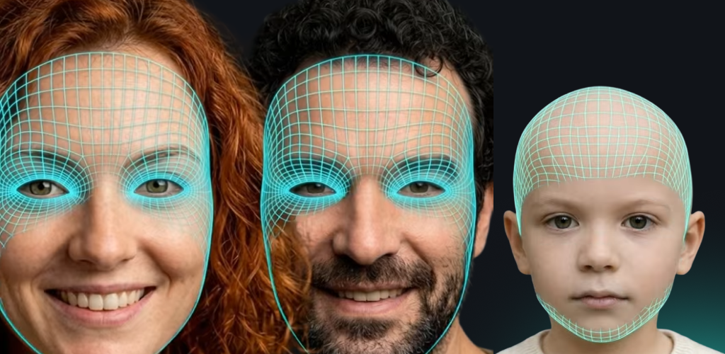 AI facial landmark mapping comparing mother, father, and predicted child faces