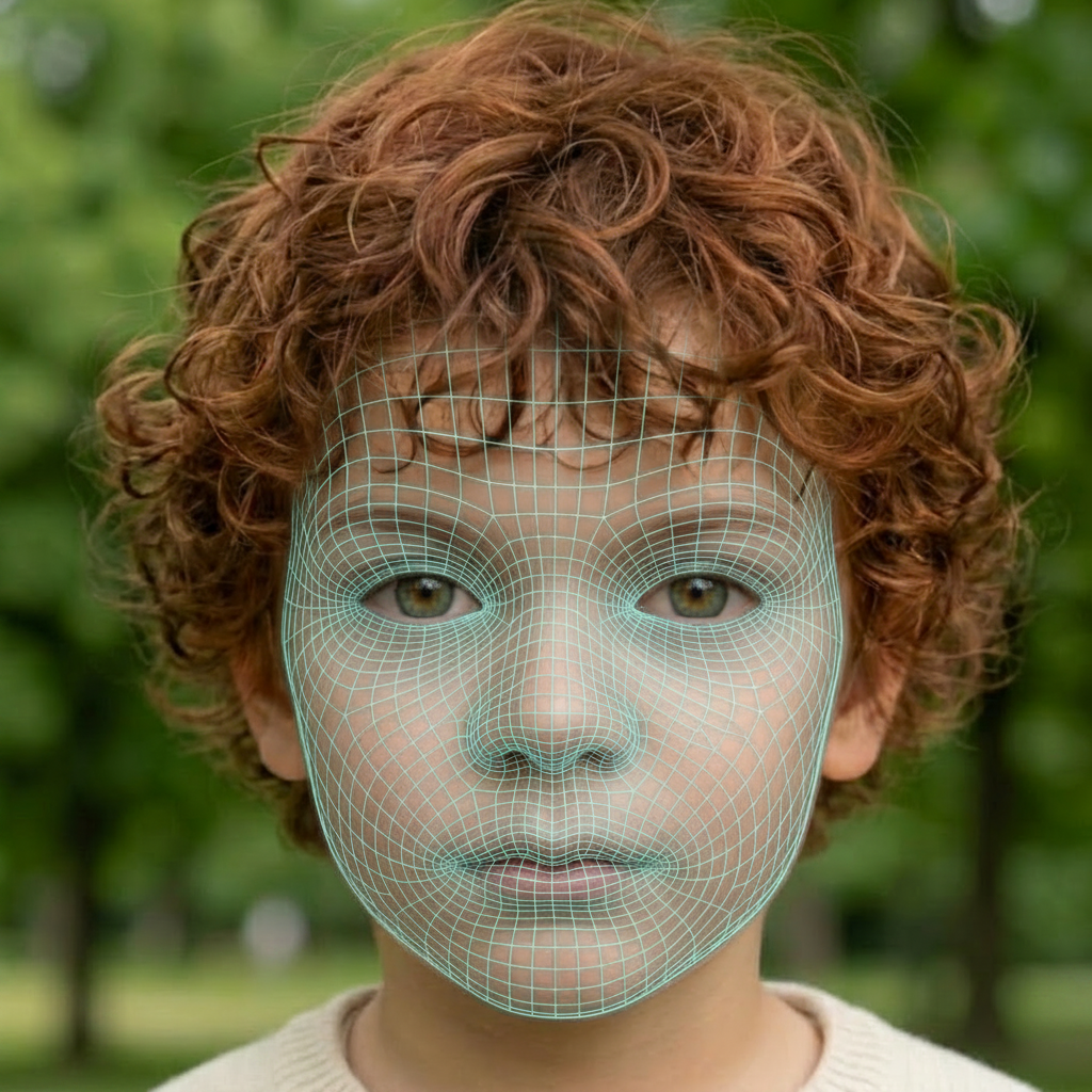 AI baby generator facial landmark mesh overlay on a child's face showing heritability mapping