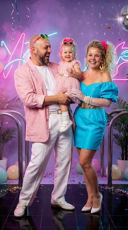AI baby generator family portrait concept 80s Pop Party